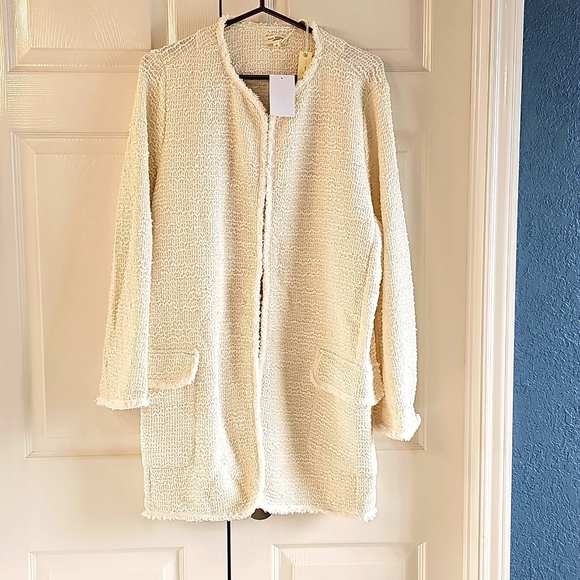 NWT Max Studio Frayed Trim/Fringe Longline Cardigan Cream Open Jacket 2X - Picture 1 of 16